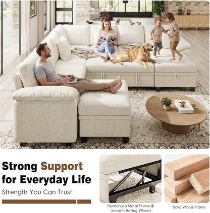 Ihanherry 108" Modular Sectional Sofa with Pull Out Bed, 9-Seater U Shaped Sectional Sleeper Couch with Storage, Chenille Convertible Couches for Living Room, Apartment (Beige)