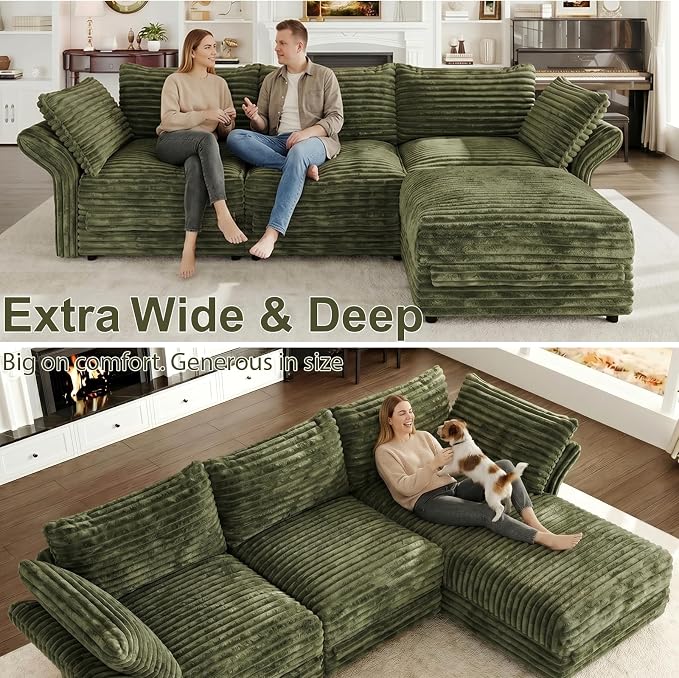 DreamDashio 159” 6-Seat U-Shaped Sectional Sofa, Oversized Extra Wide Deep Seat Detachable Modular Cloud Couch, Certified Corduroy Fabric with Storage & High Backs, for Home Theater, Green