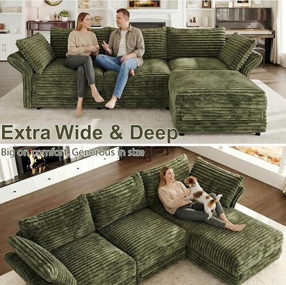 DreamDashio 159” 6-Seat U-Shaped Sectional Sofa, Oversized Extra Wide Deep Seat Detachable Modular Cloud Couch, Certified Corduroy Fabric with Storage & High Backs, for Home Theater, Green