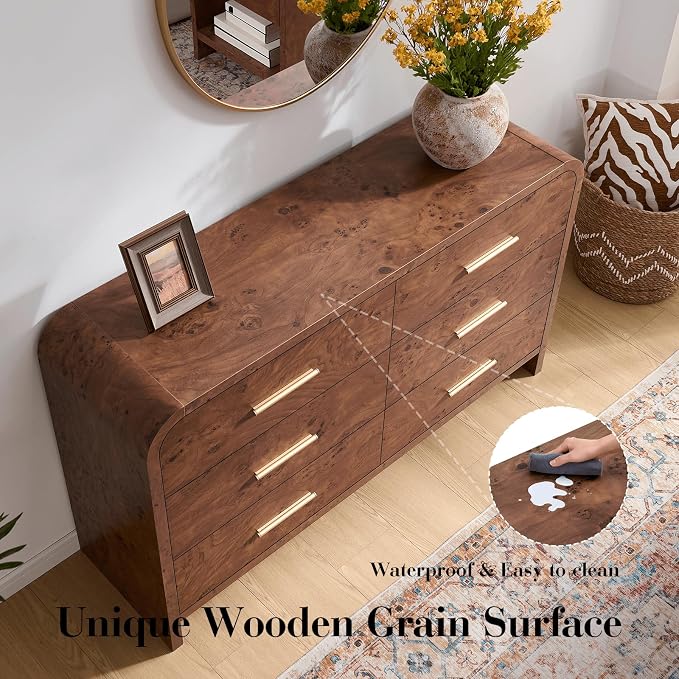 Curved 6 Drawer Dresser for Bedroom, 54'' Wide Chest of Drawers, Farmhouse Storage Cabinet for Hallway & Living Room TV Stand, FSC Certified 1.18" Thick Board, 100 lbs Top Weight, Dark Burl