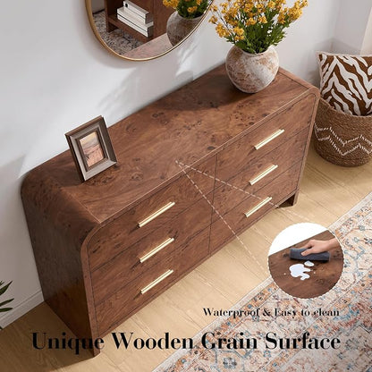 Curved 6 Drawer Dresser for Bedroom, 54'' Wide Chest of Drawers, Farmhouse Storage Cabinet for Hallway & Living Room TV Stand, FSC Certified 1.18" Thick Board, 100 lbs Top Weight, Dark Burl