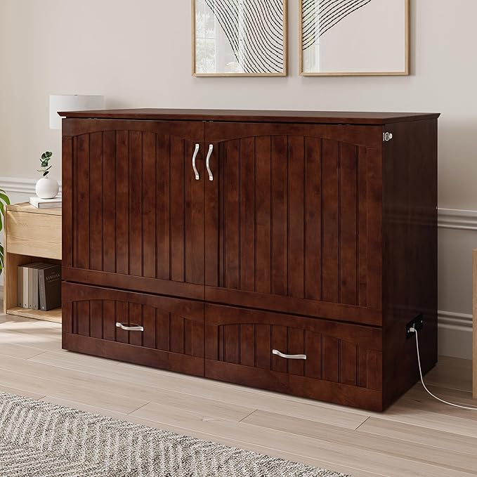 AFI, Southampton Murphy Bed Chest Full with 6" Mattress, Built-in USB Charger & Storage Drawer, Walnut