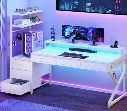 SEDETA 55" Gaming Desk with 6 Drawers, Corner Gaming Desk with Storage & LED Lights, Reversible PC Desk with Power Outlet, Corner Computer Desk with Hutch, Monitor Stand, Side Hook, Carbon Fiber White