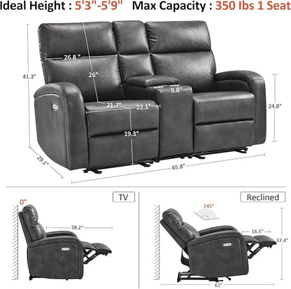 MCombo Zero Wall Recliner Loveseat, 2-Seat Power Wall Hugger Sofa with USB & Type-C Dual Ports, for Small Space, Living Room, RV PR646 (Dark Grey, Loveseat with Console)