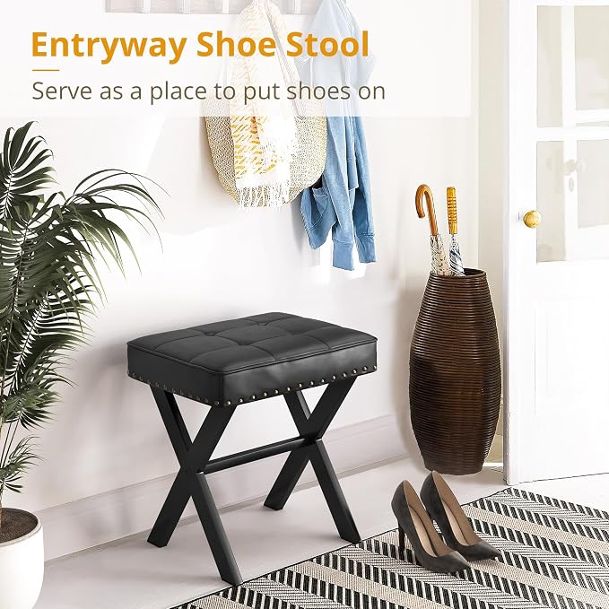 LUE BONA Vanity Stool - Square Faux Leather Makeup Seat With Metal X Legs, Small Ottoman Chair for Makeup Room, Living Room - Modern Padded Foot Rest, Black