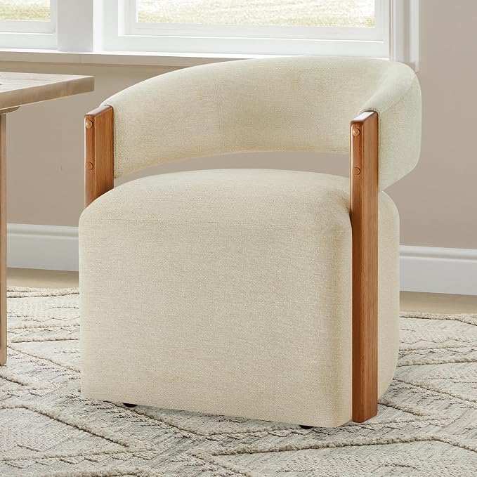 KISLOT Upholstered Dining Chairs Set of 2, Barrel Modern Dining Room Chairs with Casters, Kitchen Side Wooden Armchair with Fabric Cushion Seat for Bedroom, Livingroom, Reading Room, Sand, 2 Boxs