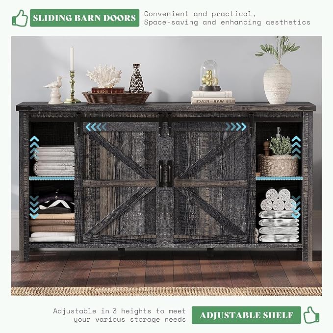 AMERLIFE 3-Piece Farmhouse Bedroom Furniture Set with Dresser and 2 Nightstands, Sliding Barn Door Wood Storage Set for Bedroom and Dining Room, Black Oak