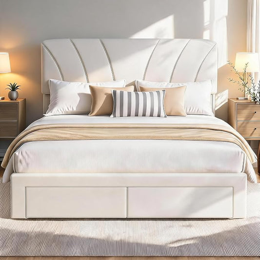 Garvee Full Size Bed Frame with 2 Storage Drawers & Adjustable Headboard, Velvet Upholstered Platform Full Bed Frame, Wooden Slats Support, No Box Spring Needed, Easy Assembly, Beige