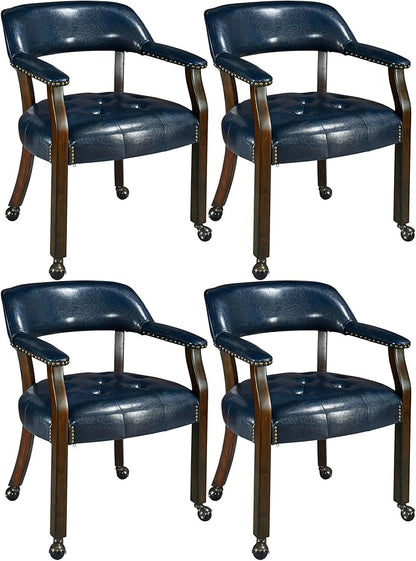 LEEMTORIG Set of 4 Dining Chairs with Casters and Arms, Large Rolling Dining Chairs with Wheels, Accent Solid Wood Boss Caption's Chairs, 26" Dx25.2 Wx31.5 H, Espresso Legs & Dark Blue PU SY-318-LB