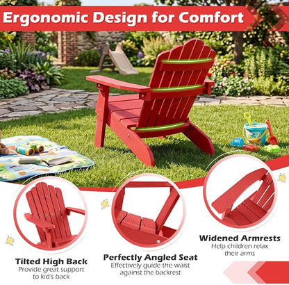 Costzon Kids Adirondack Chair, All-Weather HIPS Toddler Outdoor Chair, Wooden Textured Plastic Fire Pit Chair, Kids Patio Chair for Backyard Lawn Garden, Fits Children Age 3-7 Years (1, Red)