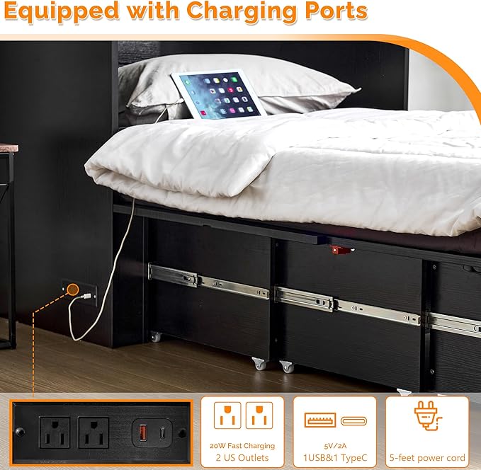 VINGLI Twin Size Murphy Bed with LED Lights, Storage Drawer & Built-in Charging Station, Space-Saving Cabinet Bed for Kids,Adults & Guests,Classic Black