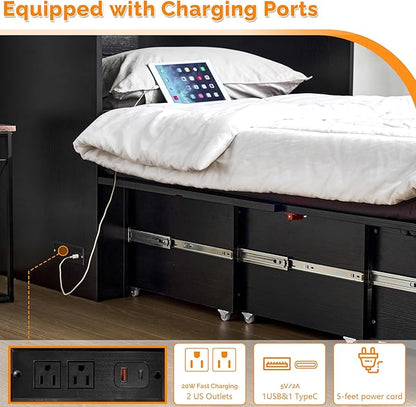 VINGLI Twin Size Murphy Bed with LED Lights, Storage Drawer & Built-in Charging Station, Space-Saving Cabinet Bed for Kids,Adults & Guests,Classic Black