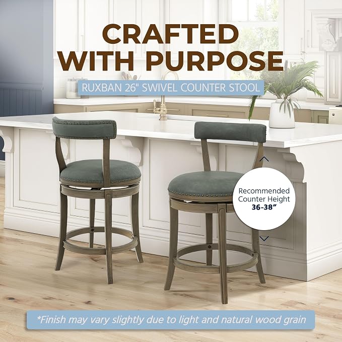 ROME + OAK Ruxban 26" Counter Stool, Low Back Swivel Barstools | Ruxban, 26 In. Seat Height, Vegan Leather Seat, Wood Counter Stool, Modern Counter Stool