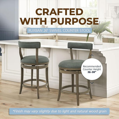 ROME + OAK Ruxban 26" Counter Stool, Low Back Swivel Barstools | Ruxban, 26 In. Seat Height, Vegan Leather Seat, Wood Counter Stool, Modern Counter Stool