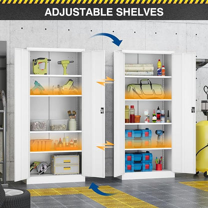 Fesbos Metal Storage Cabinet-72” Tall Steel File Cabinets with Lockable Doors and Adjustable Shelves-White Steel Storage Cabinet for Kitchen, Office, Garage