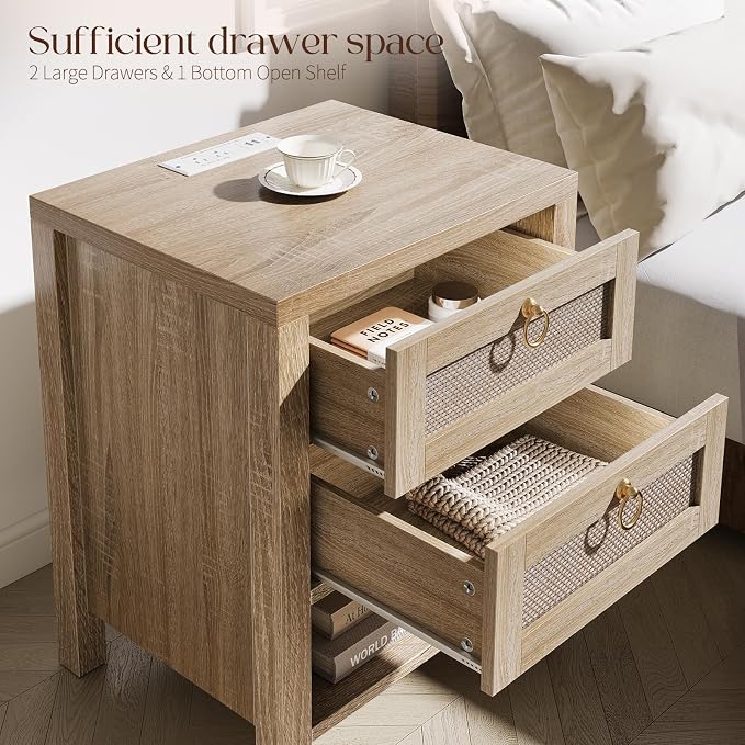 Rattan Night Stand with Drawers - Boho Nightstand with Charging Station, Bedside Table with Storage Shelf, Accent Side Table End Tables Living Room, Wood Nightstands for Bedroom, Light Wood