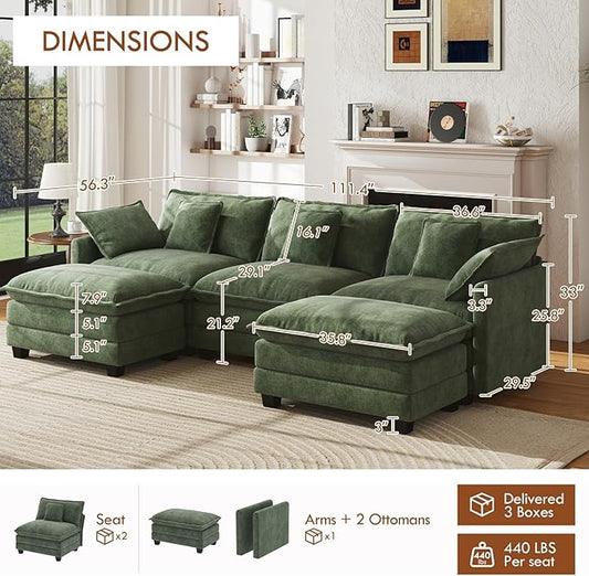 WorthFurni 111.4” Modular Sectional Sofa, U Shape Cloud Couch with 2 Movable Ottoman, Comfy Chenille Deep Seat Sofa with Soft Pillows for Living Room Apartment (Green)