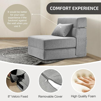 SUYOLS Folding Sofa Bed with Pillow- Convertible Chair Floor Couch & Sleeping Mattress, Foldable Memory Foam Sleeper for Living Room/Dorm/Guest Room/Home Office/Apartment/Loft, Single26, Light Gray