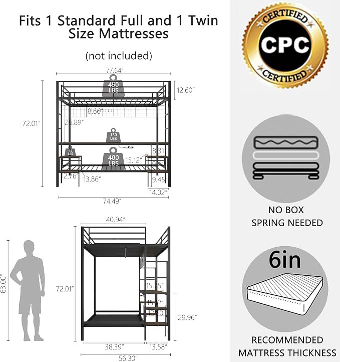 Bellemave Full Over Twin bunk Bed with Desk, loft Bed with Desk and Shelves, Full Over Twin Metal Bunk Beds with Charging Station, Black & Cinnamon Oak