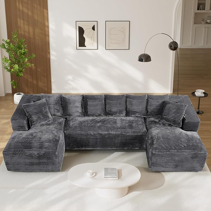 131" Oversized U Shaped Cloud Sectional Couches for Living Room, Comfy Fluffy Corduroy Dark Grey Boneless Sectionals Couch, Plush Memory Foam Modular Sectional Sofa with Chaise- 19" Seat Height