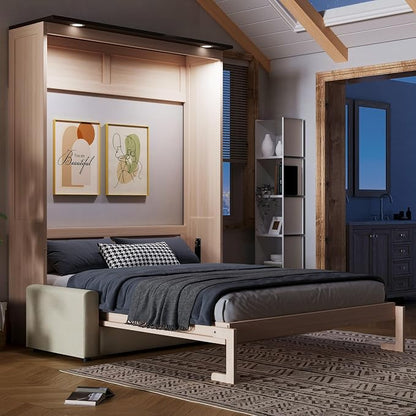 MERITLINE Queen Murphy Bed with Couch and LED Lighting,Solid Wood Folding Murphy Wall Bed Cabinet with Sofa