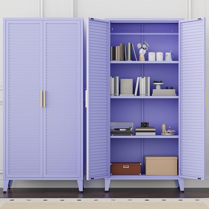 61 "H Purple Metal Cutlery Cabinet with Door Freestanding Kitchen Cabinet with 3 Adjustable Shelf Side Panels, Suitable for Kitchen, Living Room, Dining Room Metal Cabinet,Requires Assembly ﻿