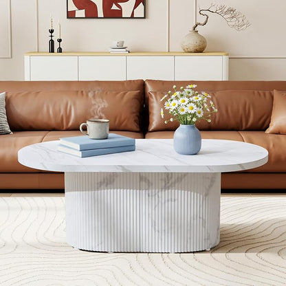 Oval Coffee Table, Modern Faux Marble Wood Coffee Table, Small Fluted Center Tea Table for Living Room,White
