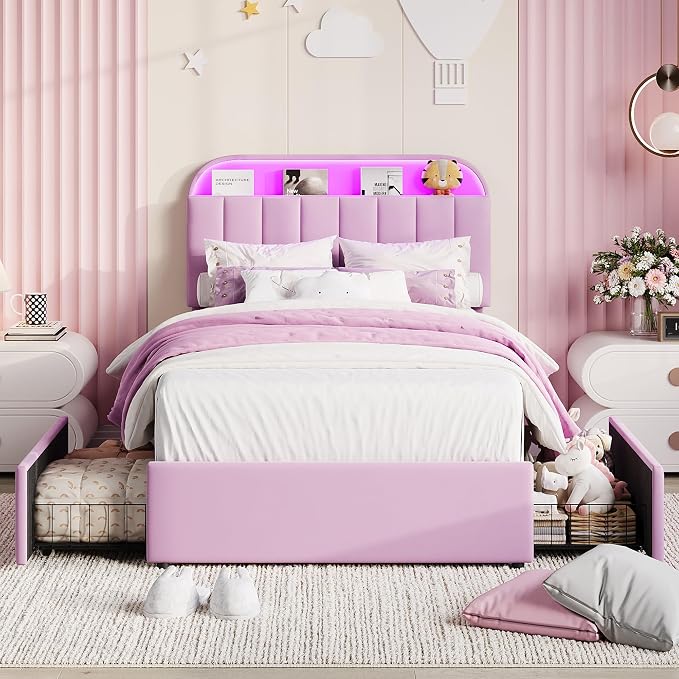 Garvee Twin Size Bed Frame with 2 Flexible Drawers, Upholstered Platform Bed Frame with Bookcase Headboard and LED Lights, Kids Bed for Girls, Easy Assembly, Noise Free, Purple
