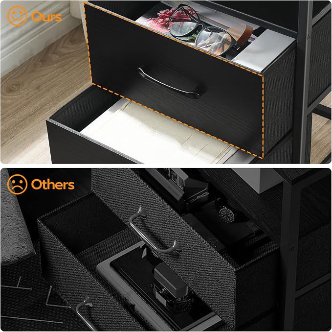 HOOBRO Nightstand with Charging Station, Bedside Table with LED Lights and 2 Fabric Drawers, End Table with 2 AC Outlets and USB Port, Small Night Stand for Bedroom, Black BB118UDBZ01