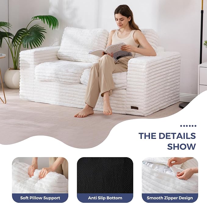 MAXYOYO Boneless Loveseat Sofa Couch for Adults, Floor Bean Bag Couch Sofa | Faux Fur Sofa with Armrests and Back Support, Plush Foam Filled Lounge Couch, Cozy Bean Bag Couch for Living Room, Apartment
