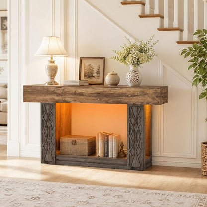 Unikito 63" Console Table with Outlets & LED Lights, Farmhouse Entryway Table with Unique Geometric Pattern, Sofa Table Behind Couch with 2-Tier Storage for Living Room, Hallway, Foyer, Grey & Brown