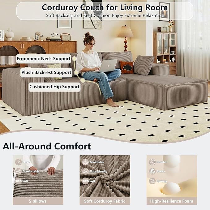 95" Cloud Sectional Couch with L-Shape Chaise, Modular Comfy Sofa Chaise Longue, Upholstered Corduroy Couches Sleeper with Deep Seat for Living Room Bedroom, No Assembly Required(Camel, Right Facing)