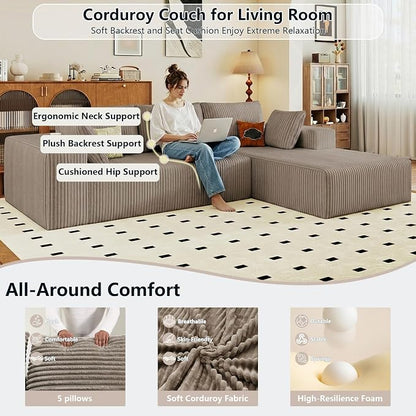 95" Cloud Sectional Couch with L-Shape Chaise, Modular Comfy Sofa Chaise Longue, Upholstered Corduroy Couches Sleeper with Deep Seat for Living Room Bedroom, No Assembly Required(Camel, Right Facing)