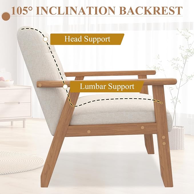 Mid-Century Accent Chairs Set of 2, Solid Wood for Living Room, Beige Linen | Relaxing Arm Chair with Soft Thicken Cushion, Comfy Reading Chair for Bedroom, Balcony, Natural Legs, Easy to Setup