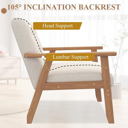 Mid-Century Accent Chairs Set of 2, Solid Wood for Living Room, Beige Linen | Relaxing Arm Chair with Soft Thicken Cushion, Comfy Reading Chair for Bedroom, Balcony, Natural Legs, Easy to Setup