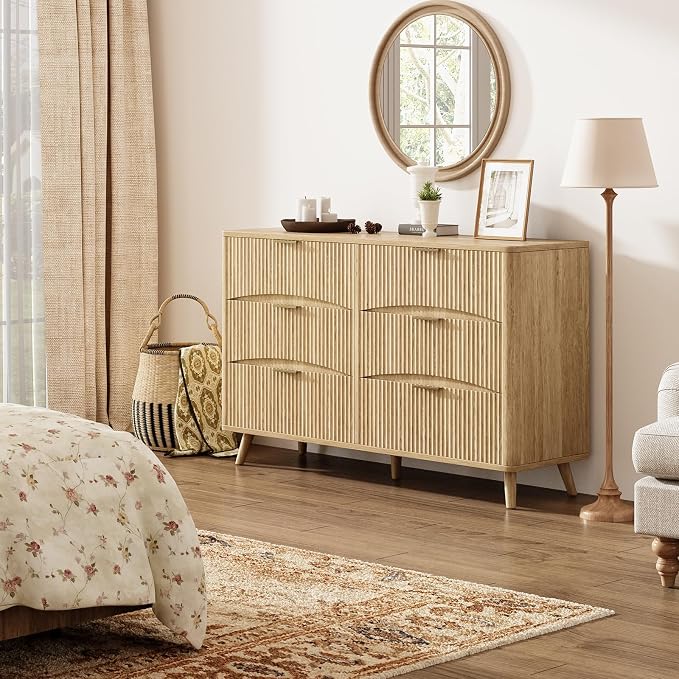 Evermagin 3-Piece Bedroom Furniture Set for Bedroom, 55" Wide Fluted 6-Drawer Dresser with 2 Nightstands, Mid-Century Modern Dresser and Nightstand Set (Natural)