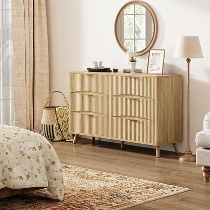 Evermagin 3-Piece Bedroom Furniture Set for Bedroom, 55" Wide Fluted 6-Drawer Dresser with 2 Nightstands, Mid-Century Modern Dresser and Nightstand Set (Natural)