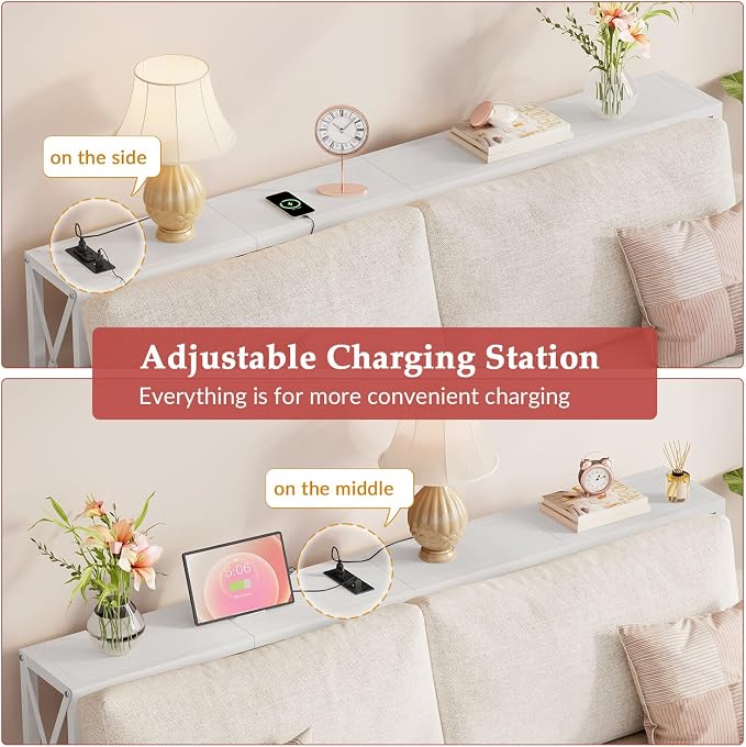 Gewudraw Console Table with Oulets and USB Ports, 55.1" Sofa Table Behind Couch, Industrial Long Skinny Stand for Hallway, Living Room, Bedroom, 6.5 Feet Power Cord, White