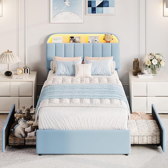 GarveeHome Twin XL Bed Frame with Storage Headboard, Kids Bed Frame with 2 Drawers, Velvet Upholstered Platform Bed Frame with Lights, No Box Spring Needed, Easy Assembly, Velvet Blue