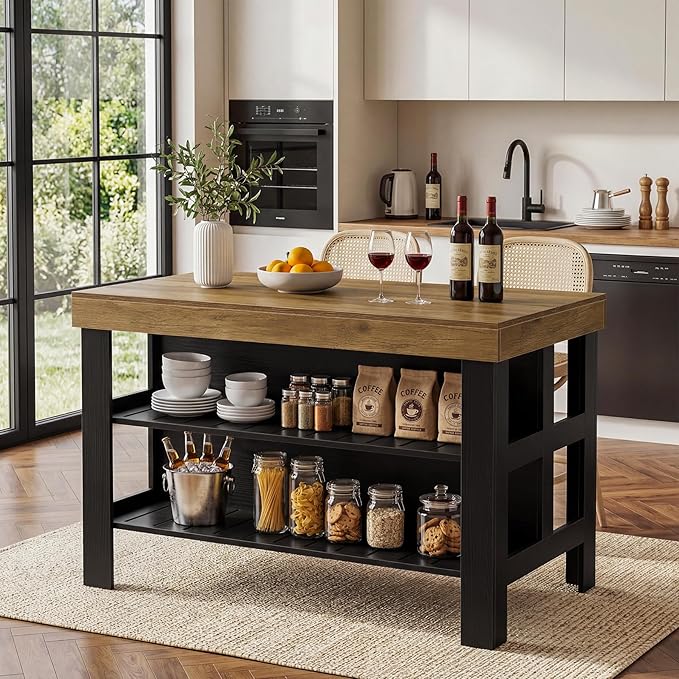 Tribesigns 55.1-Inch Kitchen Island with Seating and Storage, 3-Tier Large Farmhouse Island Table with Large Countertop and Leg Room for Kitchen Dining Room (Brown and Black)