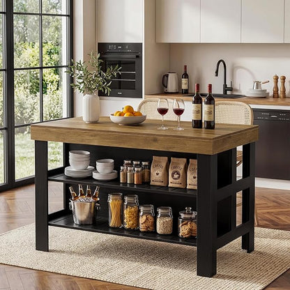 Tribesigns 55.1-Inch Kitchen Island with Seating and Storage, 3-Tier Large Farmhouse Island Table with Large Countertop and Leg Room for Kitchen Dining Room (Brown and Black)
