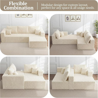 92.5" Modular Sectional Sofa, L-Shaped Cloud Couch with Deep Seats & Chaise, Convertible 4-in-1 Corduroy Boneless Couches for Living Room, Bedroom, No Need Assembly - Beige(Right Facing Chaise)