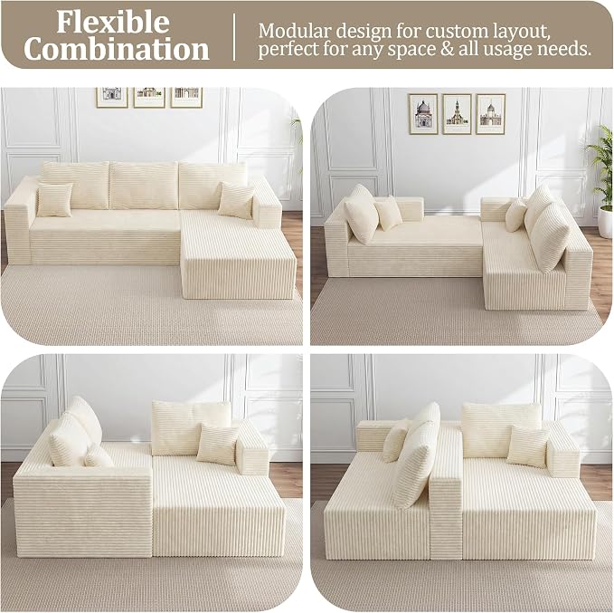 108" Modular Sectional Sofa, L-Shape Cloud Couch with Deep Seats & Chaise,4-in-1 Covertible Corduroy Boneless Couches for Living Room,Bedroom,No Need Assembly - Beige(Right Facing Chaise)