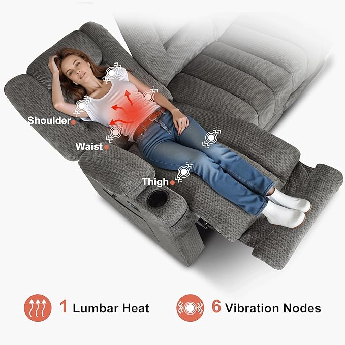 MCombo Zero Gravity Power Reclining Sofa with Heat and Vibration Massage, 3 Seater Reclining Couch with USB Ports, Cup Holders for Living Room, Fabric PR648SET (Grey)