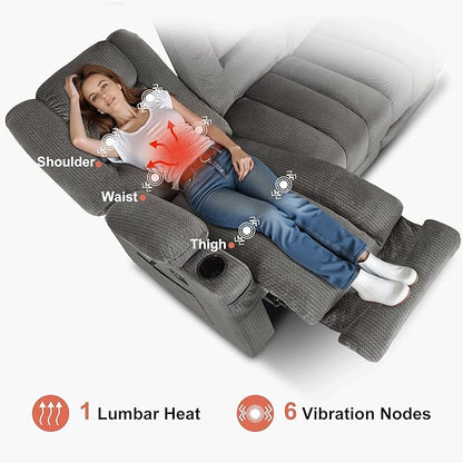 MCombo Zero Gravity Power Reclining Sofa with Heat and Vibration Massage, 3 Seater Reclining Couch with USB Ports, Cup Holders for Living Room, Fabric PR648SET (Grey)