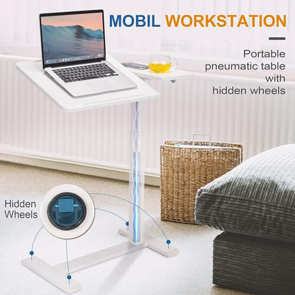 Adjustable Overbed Bedside Table with Hidden Wheels, Pneumatic Tilt Board Rolling Laptop Standing Desk Cart, Mobile Over Bed Sofa Chair Side End Tables, Walnut (White)