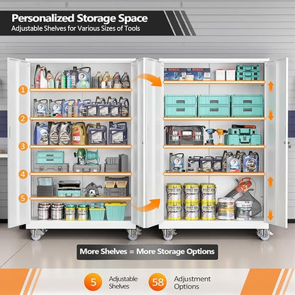 VINGLI Large Metal Storage Cabinet with 2 Doors and 5 Adjustable Shelves, Upgraded Height & Wide & Deep, 40''W x 20''D x 72''H, Oversized Garage Storage Cabinet with Wheels and Locks (White)