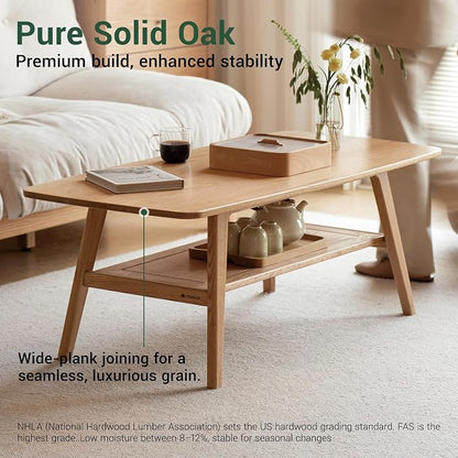 100% Solid Wood Coffee Table for Living Room, 47.24" Mid Century Modern Tables with Shelf Storage, 2-Tier Coffee Table with Rounded Corners (Oak Wood Log Color, 47.24" L)