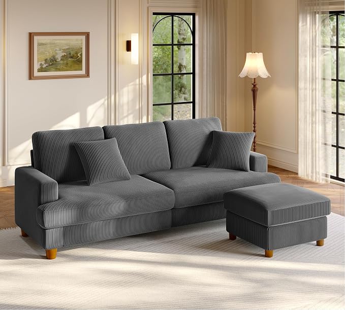 Welzona 87.2" Couches for Living Room, Comfy L Shaped Couch Grey 7.5" Thicker Cushion, Sofas for Living Room Tool-Free Setup, Loveseat with Ottoman 848lbs Support, Corduroy Couch for Bedroom, Office