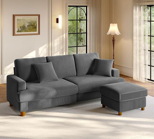 Welzona 87.2" Couches for Living Room, Comfy L Shaped Couch Grey 7.5" Thicker Cushion, Sofas for Living Room Tool-Free Setup, Loveseat with Ottoman 848lbs Support, Corduroy Couch for Bedroom, Office